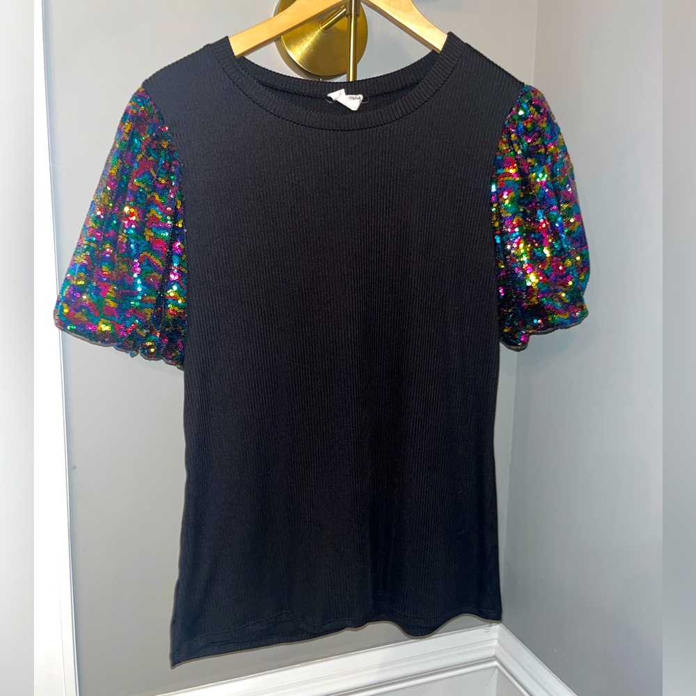 BOUTIQUE Elliana Black Multi Color Rainbow Sequin Puff Sleeve Fitted Top XL - Picture 3 of 12